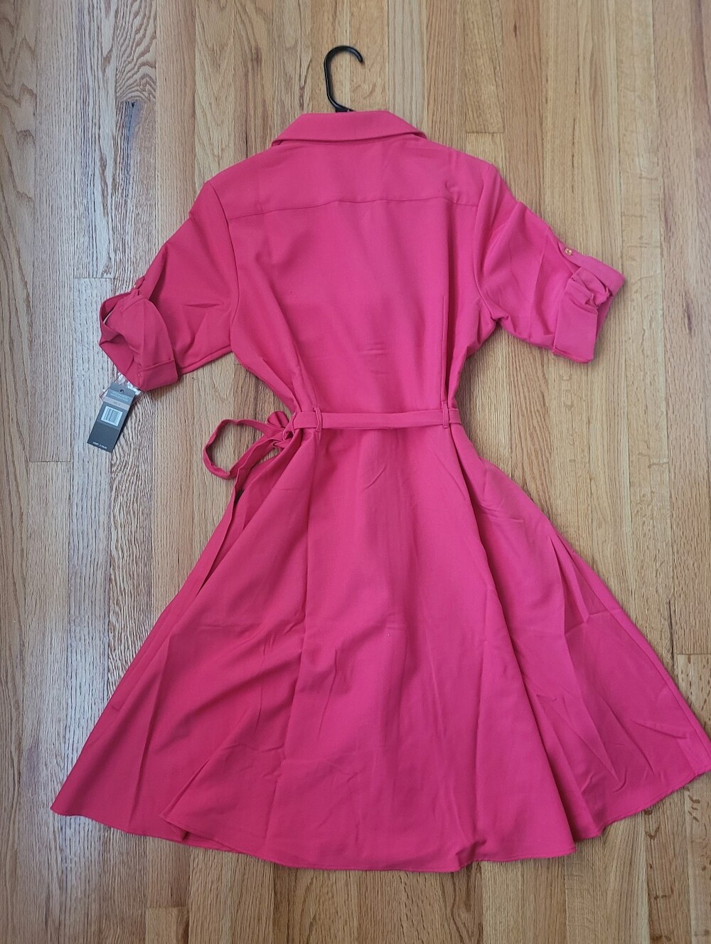 Button-Front Pink A-Line Dress with Waist Tie - Picture 7 of 8